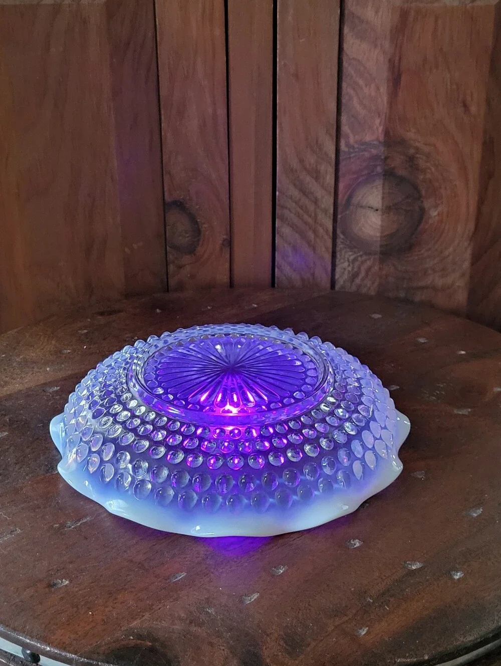 Opalescent Blue Hobnail Glass Dish